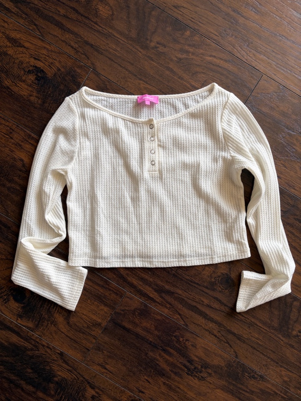 Edikted Cream Waffle Henley Cropped Long Sleeve Top